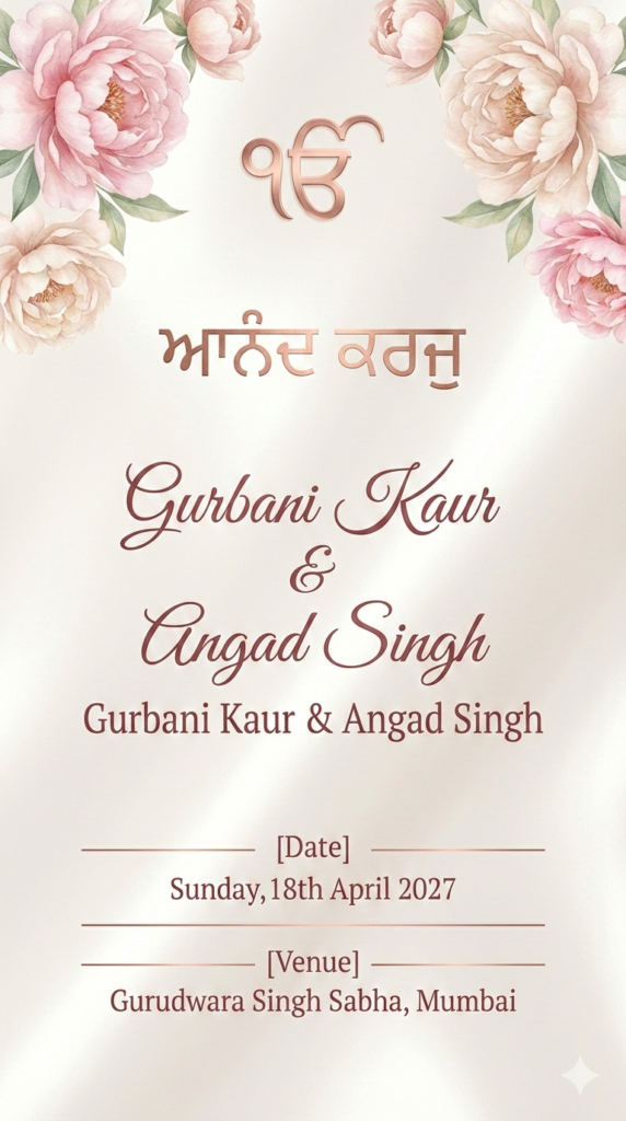 Rose Gold Pearl Floral Sikh Wedding Invitation AI Prompt WhatsApp Ready Digital Card