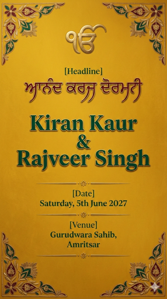 Royal Mustard Deep Green Sikh Wedding Mobile Invitation Generator AI Prompt