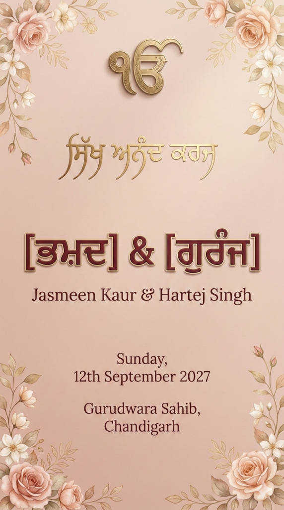 Blush Pink Antique Gold Grace Sikh Wedding Invitation Digital AI Prompt WhatsApp Card