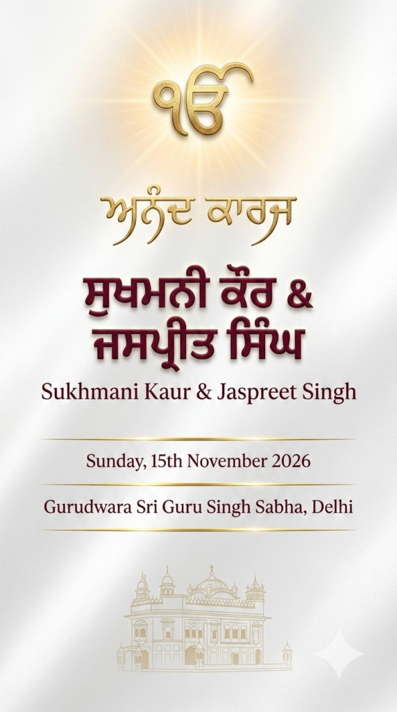 White Gold Divine Light Sikh Wedding Invitation Digital AI Prompt WhatsApp Card