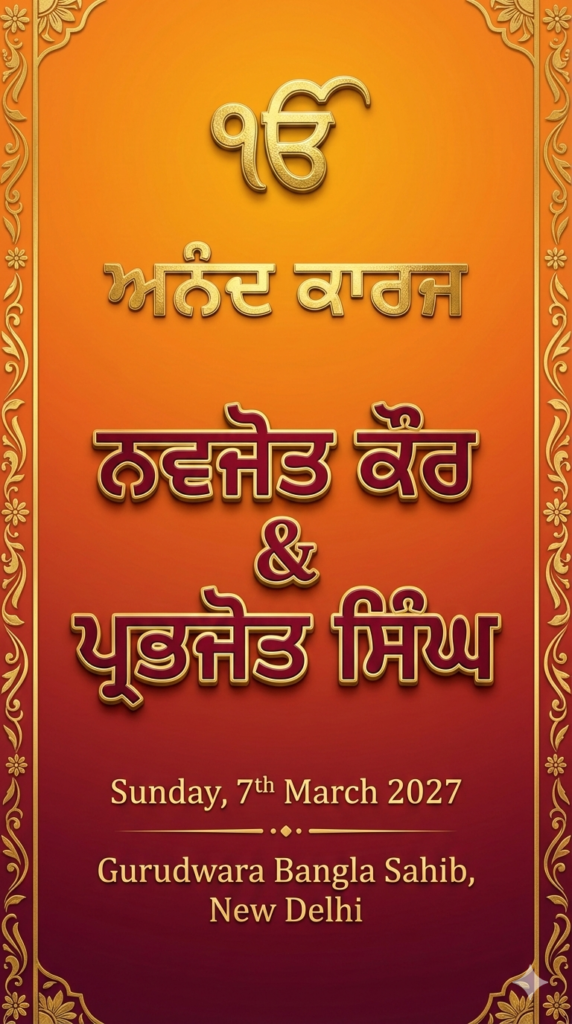 Saffron Maroon Traditional Punjabi Sikh Wedding Card Generator AI Prompt