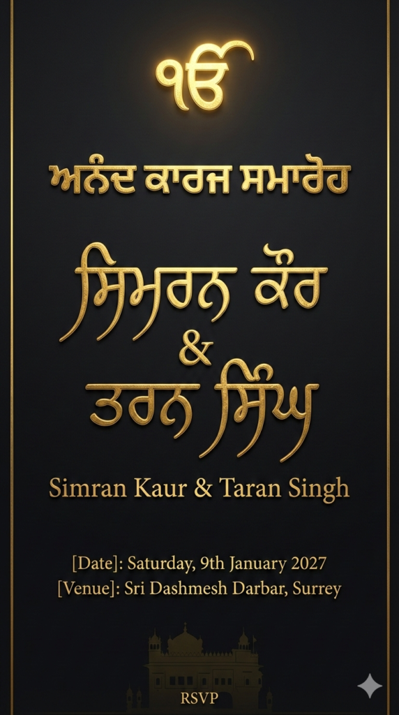 Charcoal Black Gold Luxury Sikh Anand Karaj Invitation Digital Card AI Design