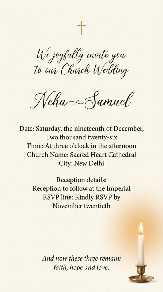 Sacred Candlelight Minimal Invitation Warm Intimate Christian Wedding Prompt