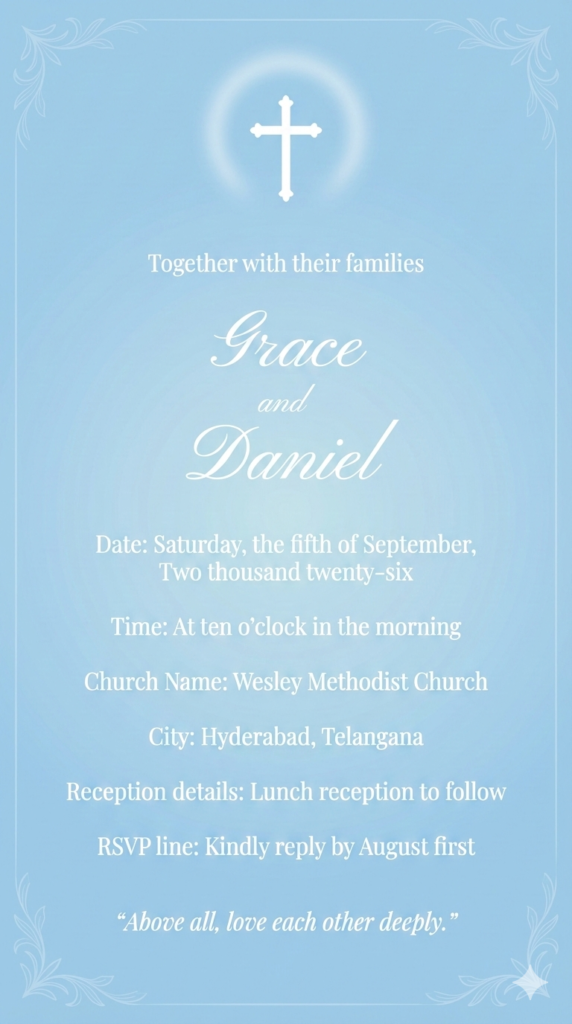 Soft Blue Sacred Serenity Invitation - Peaceful Christian Wedding AI Prompt