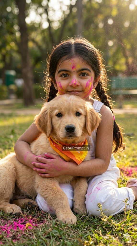 Furry Friend Kids and Pets Holi Portrait and AI Golden Retriever Puppy Celebration