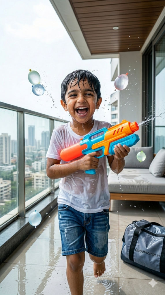 Modern Urban Balcony Kids Holi Water Splash and Dynamic AI Festival Celebration