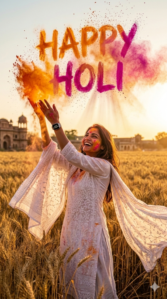 Option 12 Cinematic Gulal Dust Typography and Golden Hour AI Holi Wish