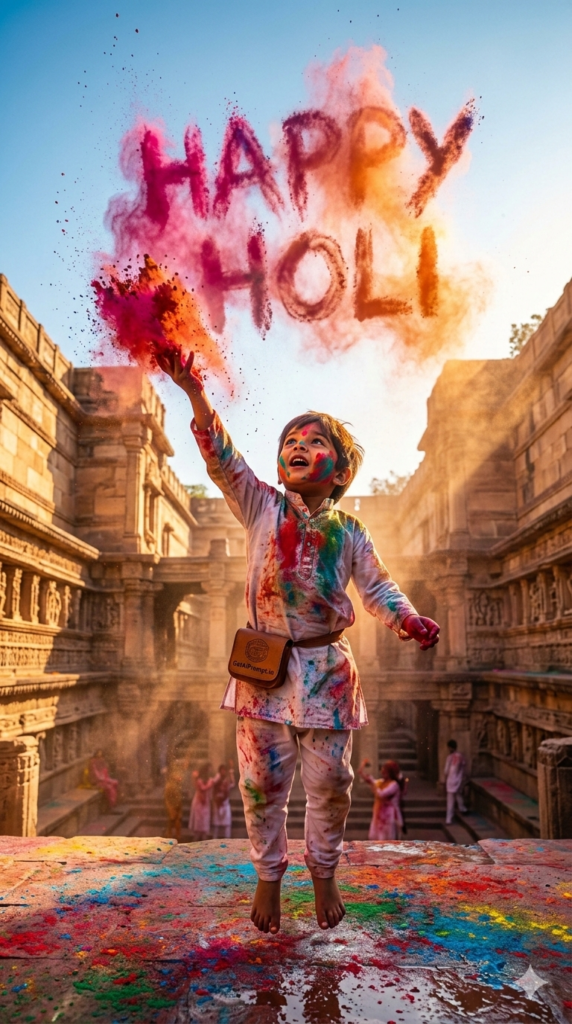 Magical Gulal Cloud Typography Holi Wish and AI Kids Face Match Portrait