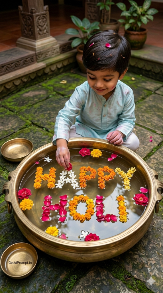 Floral Rangoli Wish on Water and Ethereal Kids Holi AI Greeting