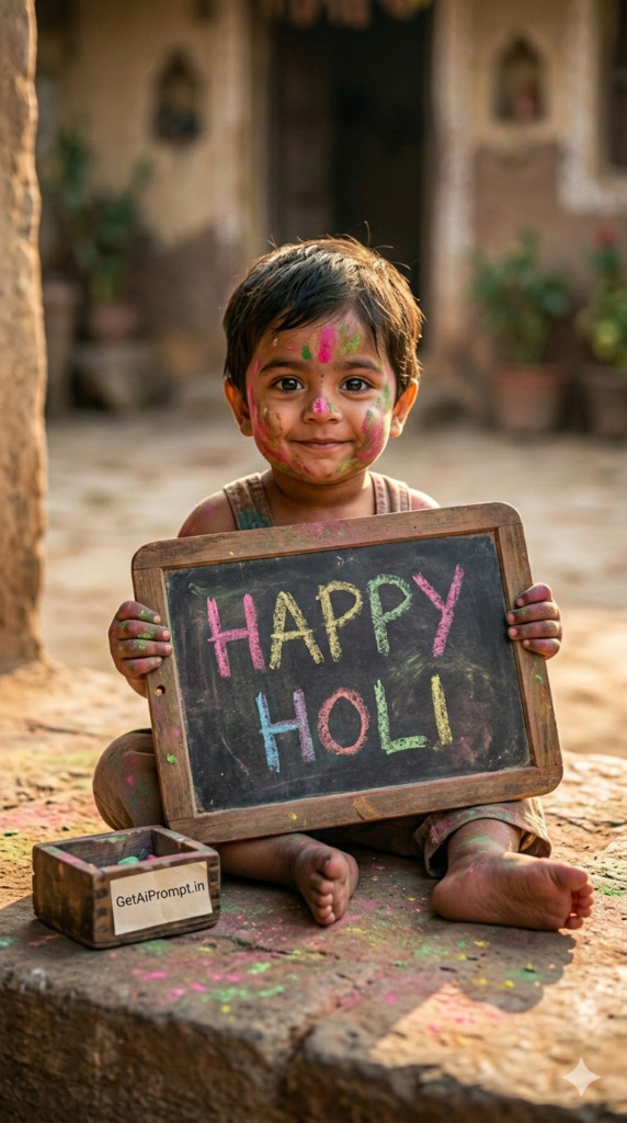 Option 14 Vintage Slate and Chalk Dust Cute-Fest AI Kids Holi Wish