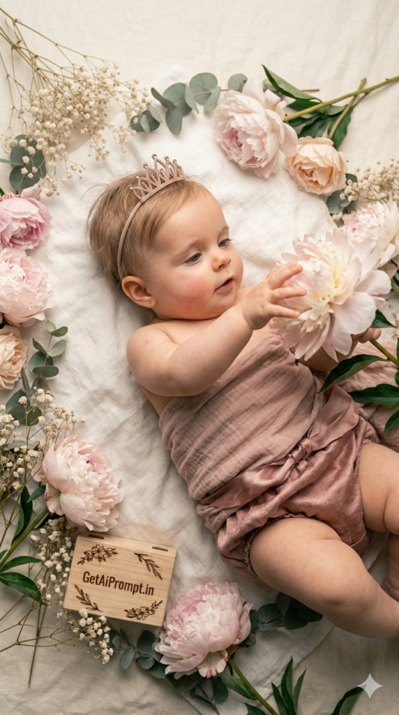 Blush Floral Fine Art Milestone Baby Portrait Prompt AI Photography