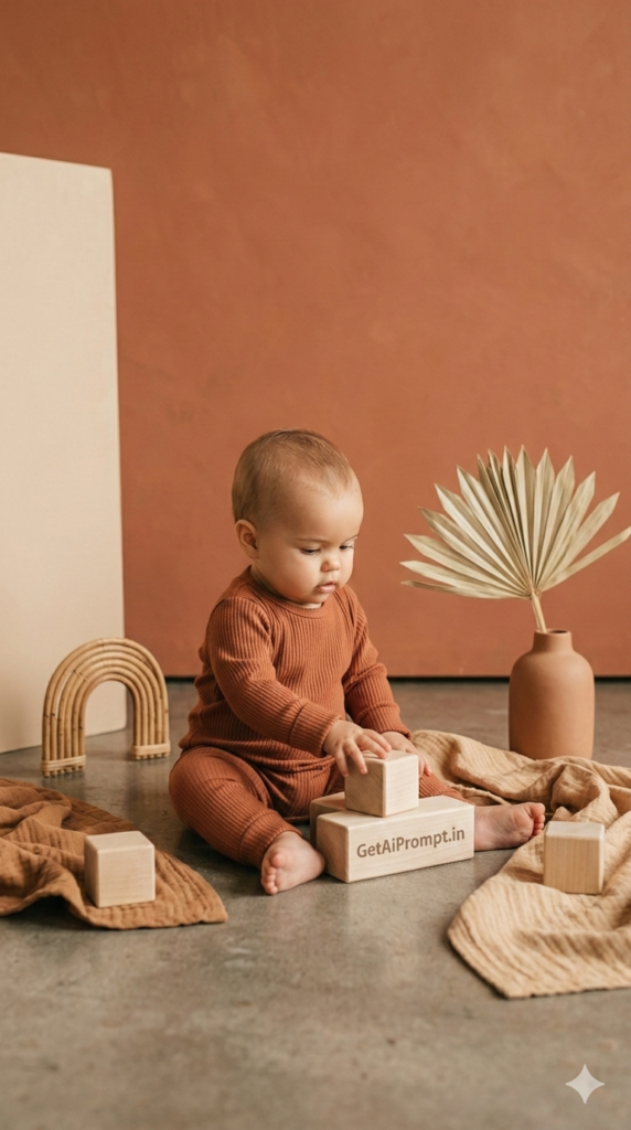 Muted Terracotta Milestone Boho Baby Photo Prompt Trendy Neutral Studio