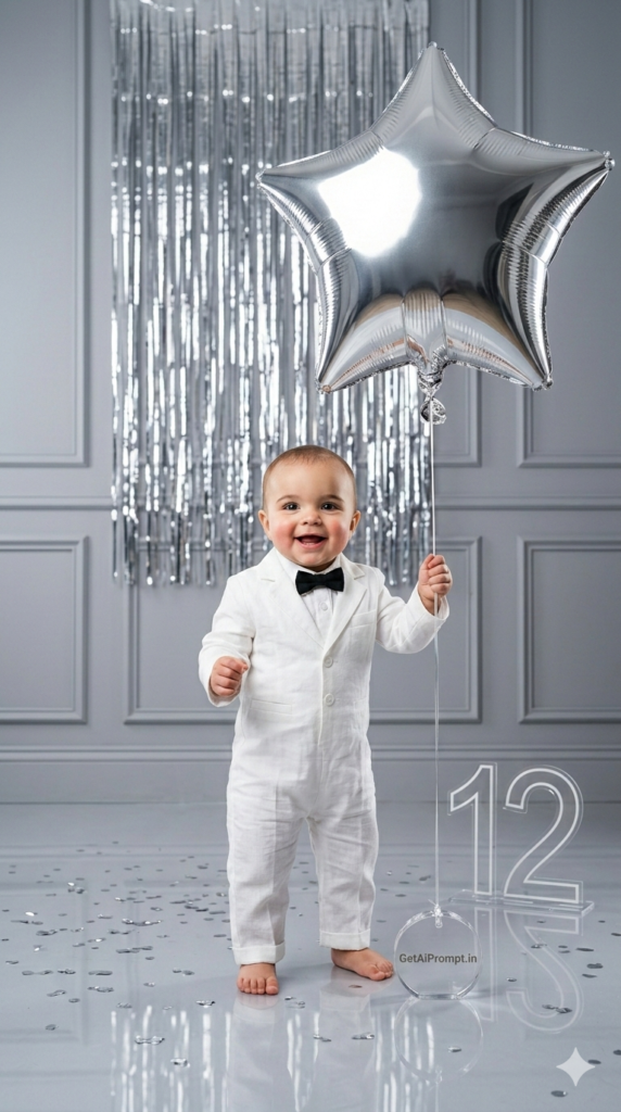 Soft Luxury Silver Milestone Portrait Prompt Cool Tone Baby Pictures