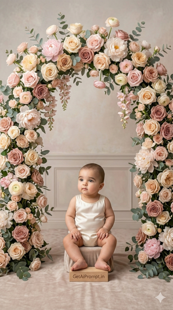 Floral Frame Portrait Milestone Photography Prompt Elegant Baby Girl Archway