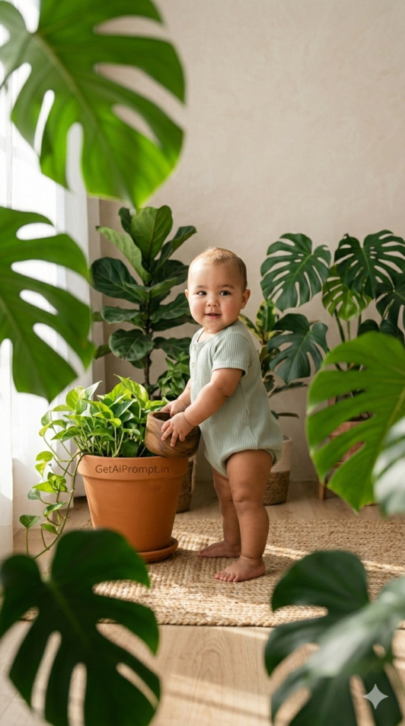 Botanical Studio Corner Lifestyle Photo Prompt Indoor Plant Baby Portrait