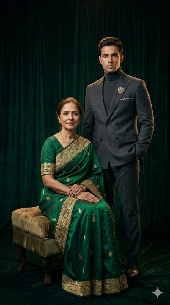 Option 12 Emerald Velvet Sophistication Royal AI Mother Son Portrait