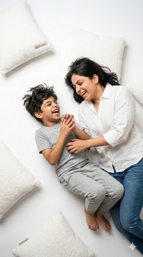 Option 23 Tickling Joy Portrait Top-Down AI Mother Son Studio