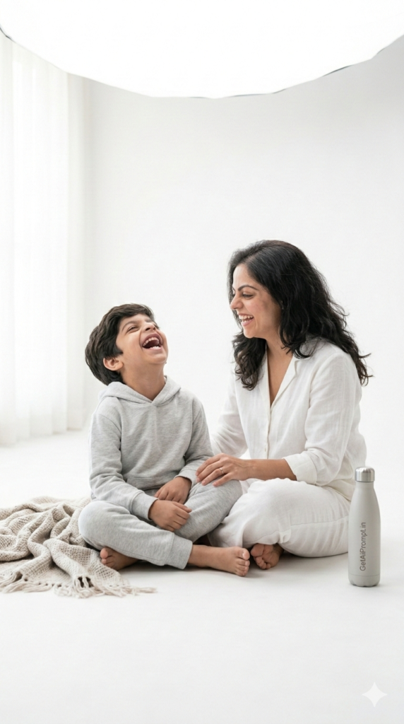 Option 26 Sitting Floor Laughter Casual Luxury AI Mother Son Portrait