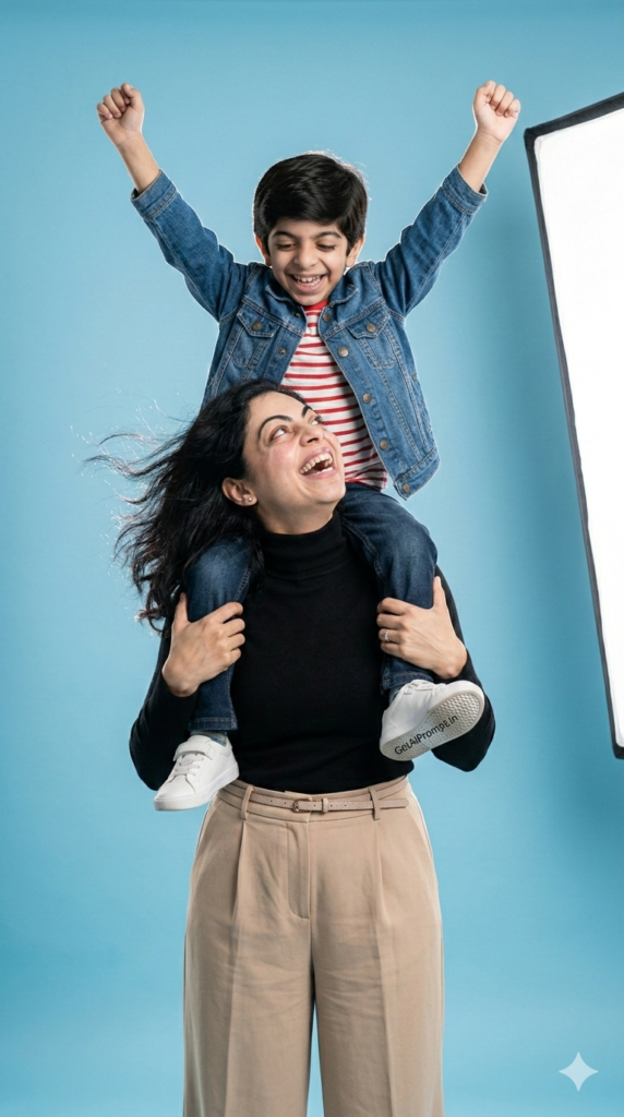 Option 30 Shoulder Carry Pose Triumphant Joy AI Mother Son Studio