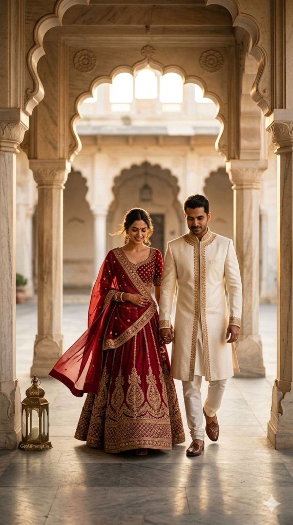 Royal Marble Courtyard Walk AI Prompt Indian Heritage Pre Wedding