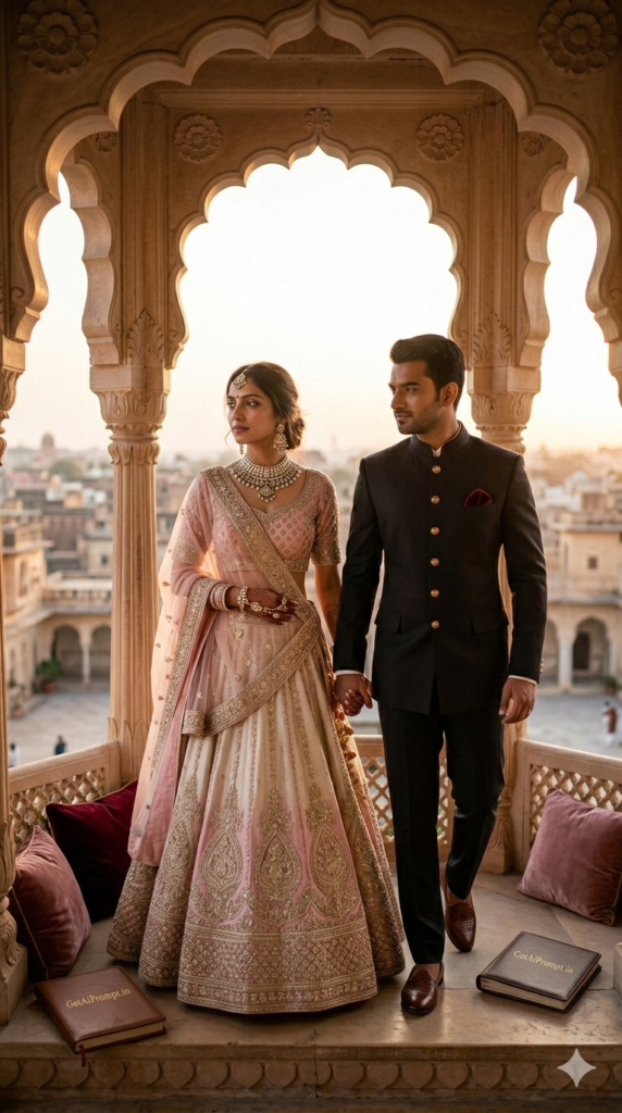 Heritage Balcony Majesty Portrait AI Prompt Luxury Wedding Photography