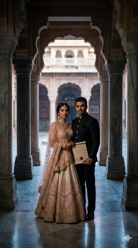 Symmetrical Pillar-Framed Romance AI Prompt Cinematic Palace Portraits