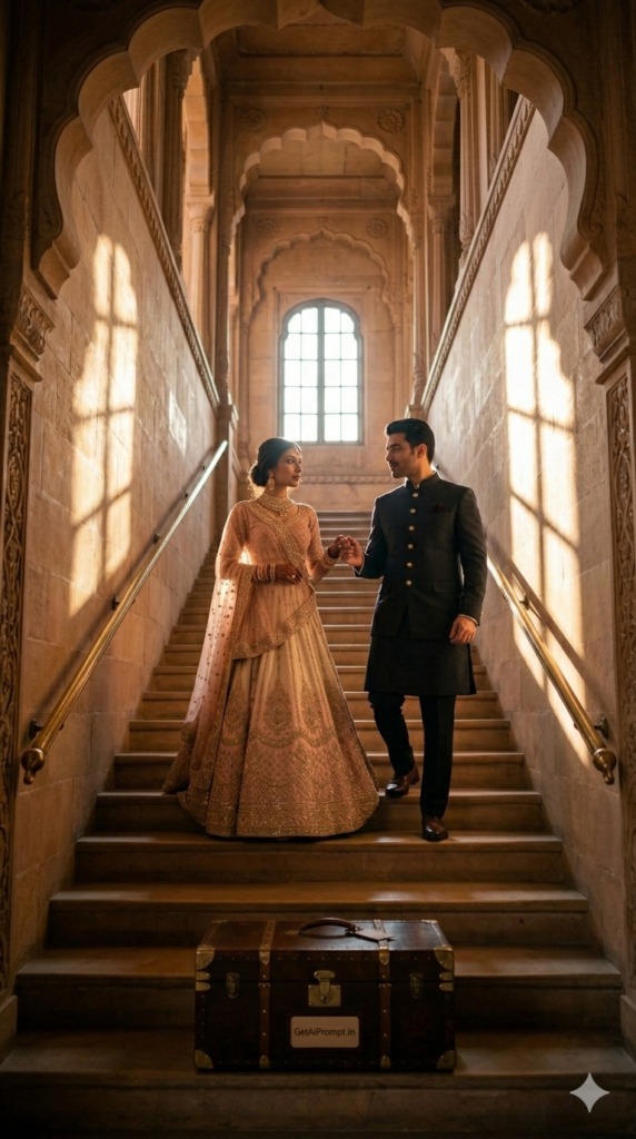 Golden Staircase Descent AI Prompt Elite Royal Fashion Photography