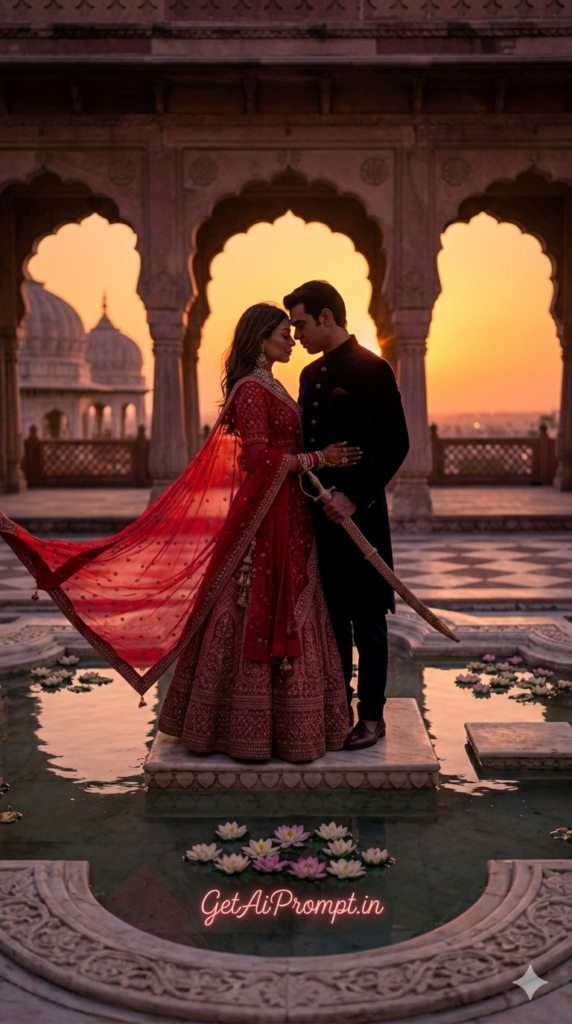 Courtyard Fountain Silhouette AI Prompt Romantic Sunset Photo
