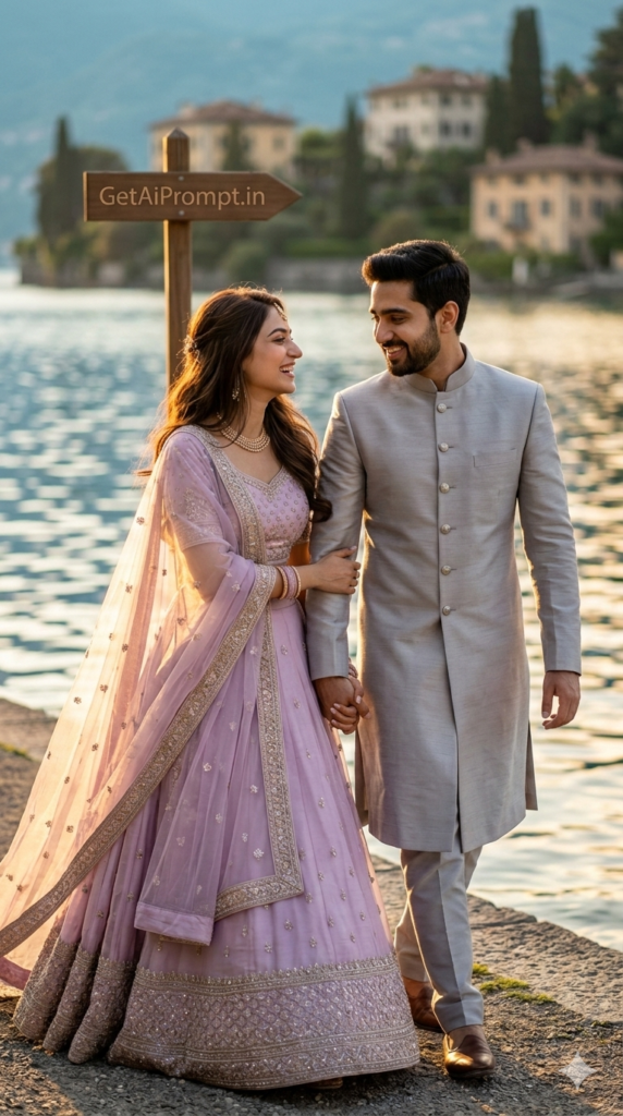 Romantic Couple Walking Lakeside Golden Hour Bokeh