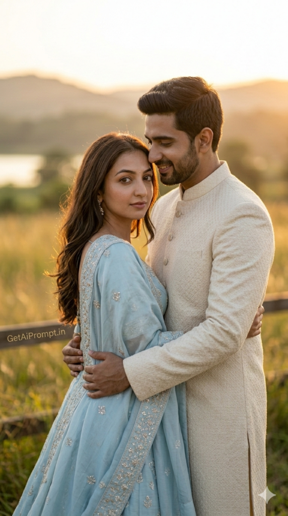 Indian Pre Wedding Side Hug Sunset Glow Portrait AI