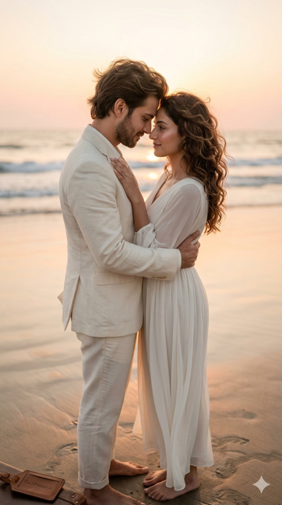 Golden Embrace at the Shoreline Luxury Pre-Wedding AI Prompt