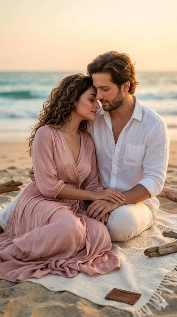 Seated Romantic Close Portrait Beach Photography AI Prompt