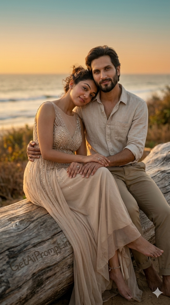 Intimate Driftwood Beach Seated AI Prompt