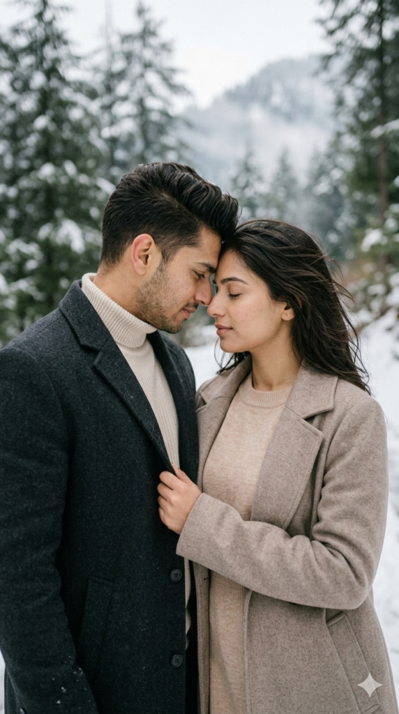 1: The Intimate Forehead Touch - Cozy Winter Layers Pre-Wedding Photo