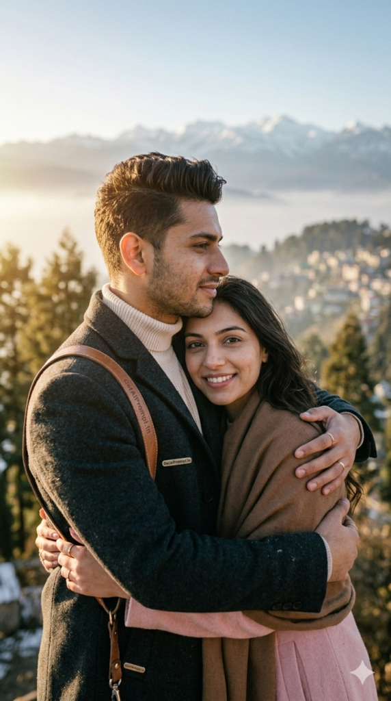 3: The Protective Back Hug - Layered Casual Chic Mountain Portrait