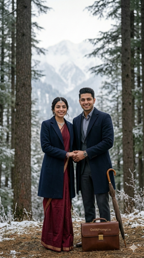 7: Regal Posture Under Majestic Pines - Elegant Couple Portrait