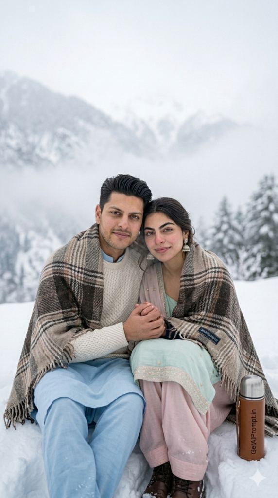 9: Sitting on Snow - Wrapped in Blanket Winter Pre-Wedding