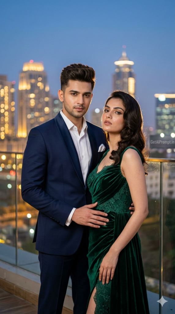 The Rooftop Power Couple Portrait Pre Wedding AI Prompt Luxury Skyline