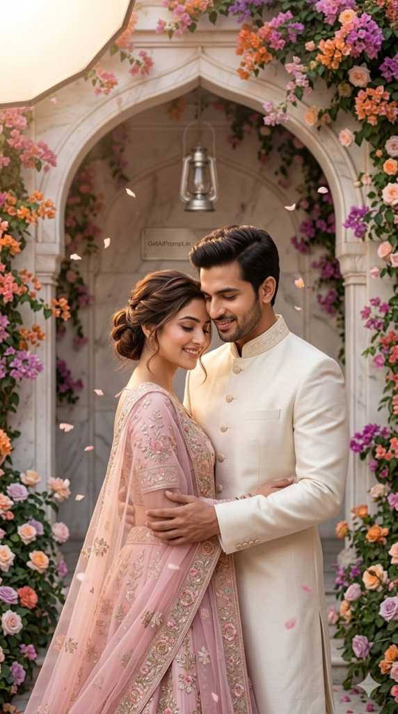 Symmetrical Floral Archway Portrait Luxury Indian Wedding AI Prompt