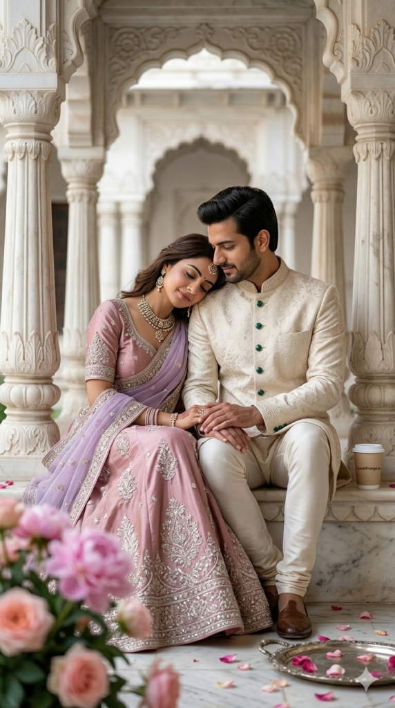 Intimate Marble Pavilion Seating Pre Wedding Photography AI Prompt