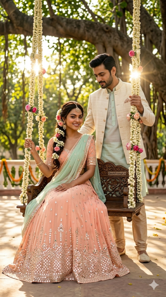 Playful Floral Swing Jhoola Moment AI Wedding Photography Prompt