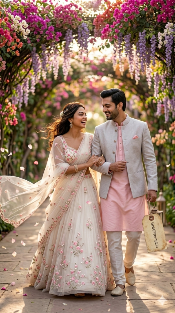 The Dreamy Flower Tunnel Walk Cinematic AI Couple Portrait
