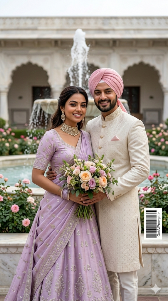 Classic Bouquet Pose by the Fountain High Fashion AI Wedding Photography