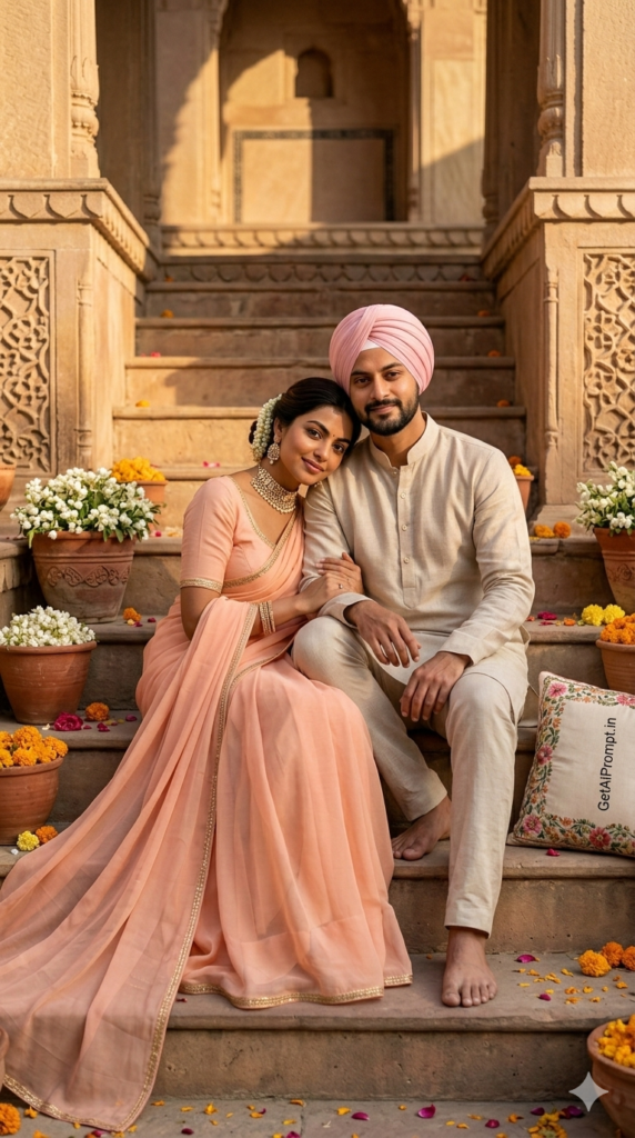 Architectural Romance on Mughal Steps Golden Hour AI Photography Prompt
