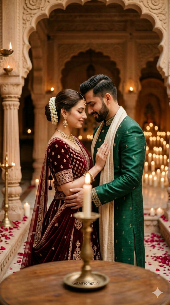 Royal Haveli Candlelight Embrace AI Prompt for Indian Pre Wedding Photography