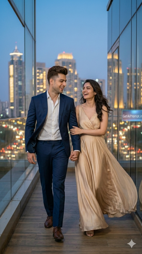 The Dynamic Skyline Walking Shot Cinematic Couple Prompt Photography