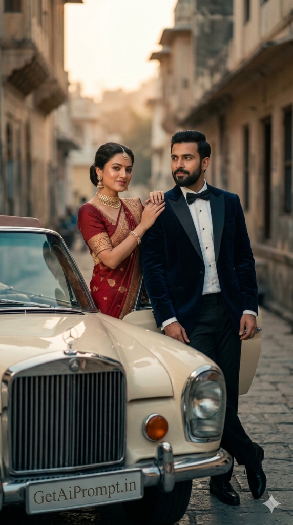 Indian pre wedding photoshoot royal arrival vintage convertible cinematic ai photography