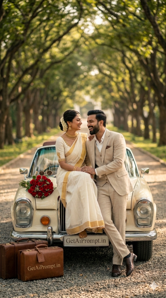 Couple seated on vintage car hood romantic pre wedding photoshoot heritage poses