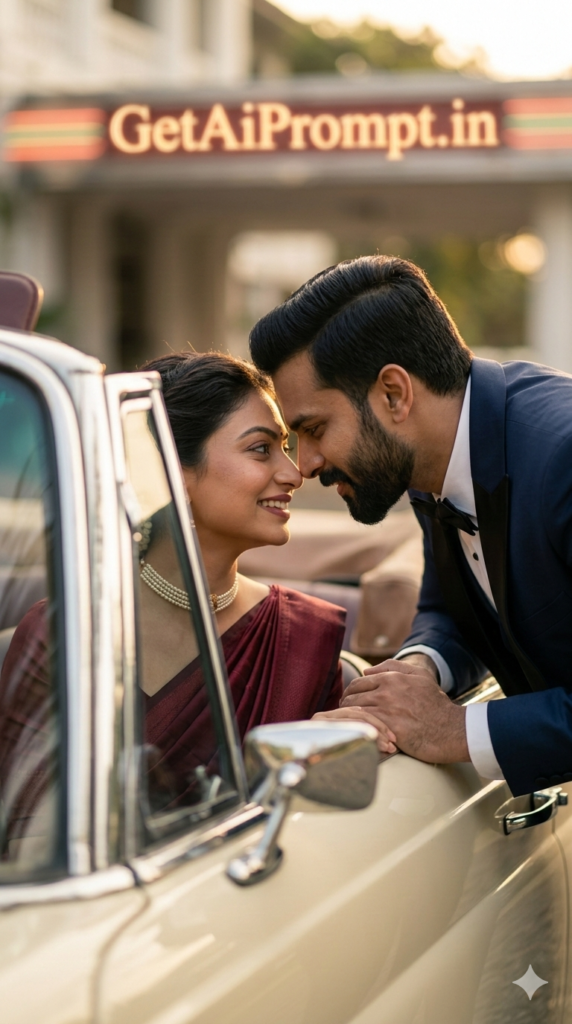 Intimate car interior pre wedding portrait cinematic kodak film aesthetics
