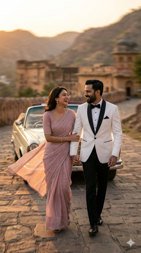Cinematic tracking shot couple walking beside moving vintage car luxury photography